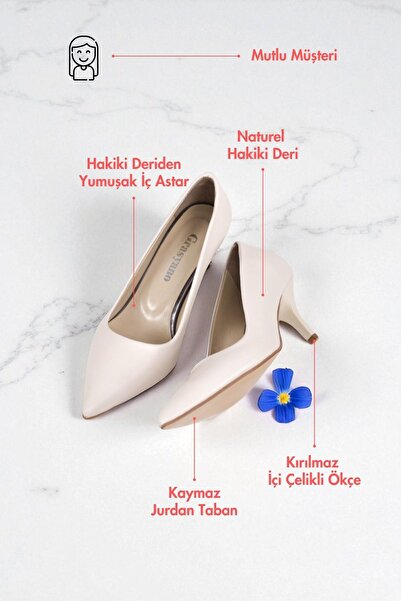 Grasyano Genuine Leather Stiletto Ecru Cream Pointed Toe Simple Comfortable 6 cm Thin Heeled Stiletto Made of Soft Leather