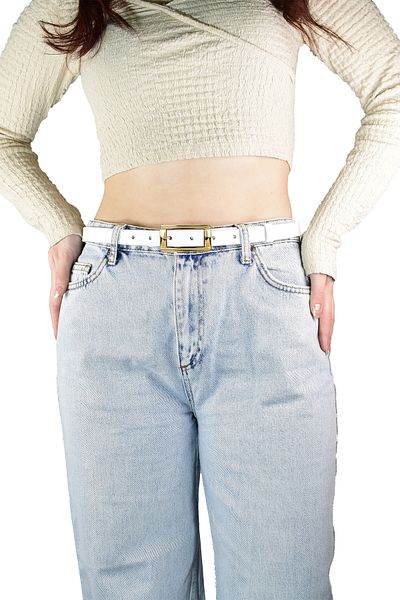 GoDeri 100% Genuine Leather Gold Color Rectangular Buckle White Women's Belt 2cm Fits All Clothes_Yeni.Dik