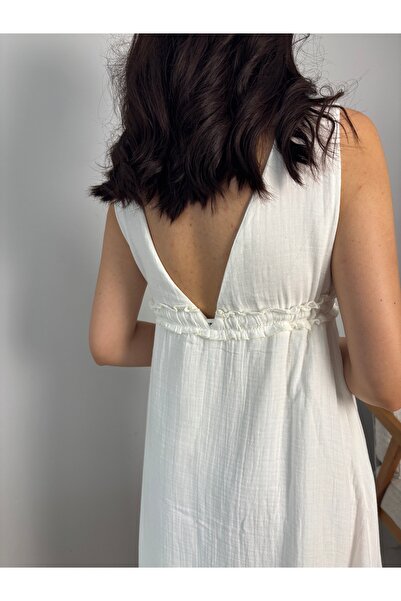 bagab Women's White Muslin Fabric V-Neck Summer Long Dress – Loose, Lightweight and Stylish Dress