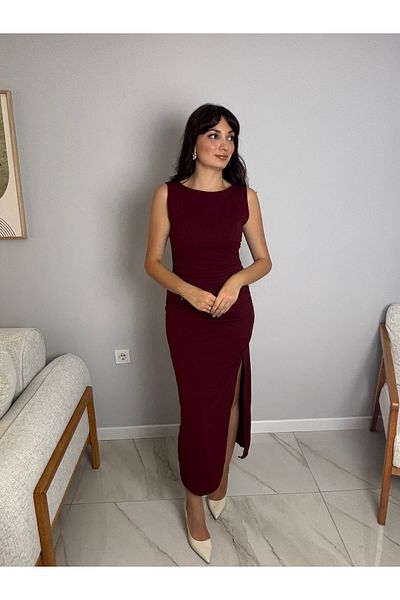 bagab Burgundy Slit Detailed Sleeveless Midi Dress – Suitable for Casual & Stylish Combinations