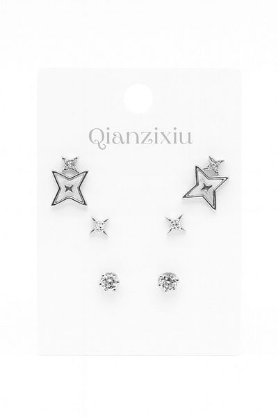 MakeWell 925S Silver Needle Pole Star Design Zircon Stone 3-Piece Earring Set