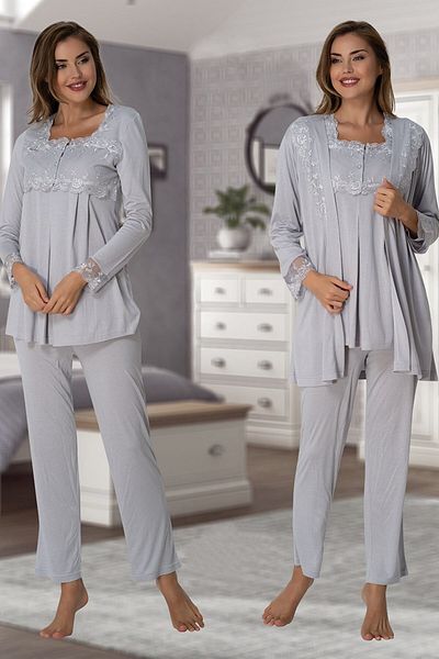 BLACKMORE Women's Gray Sleeves and Collar Lace Detailed Long Sleeve Maternity Maternity Pajamas Set with 3-Piece Pajamas Set