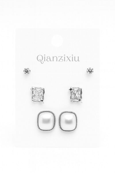 MakeWell 925S Silver Needle Pearl Design Zircon Stone 3-Piece Earring Set