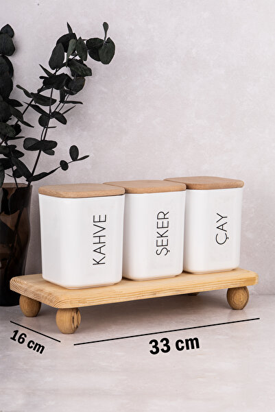 DNS HOME Set of 3 Wooden Vacuum Lid Stand Storage Containers Tea & Sugar & Coffee Acrylic Jar 900 ml