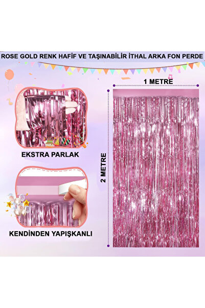 TTT Ekstra Metalize Parlak Saçaklı Arka Fon Perde Rose Gold