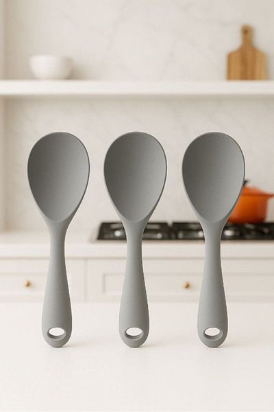 TARIK HOME 3Pcs 22cm Extra Hard Tip Gray Silicone Mixing Spoon, Stewing, Halva Spoon Fireproof Pan Non-Scratch