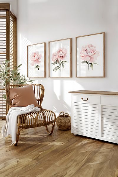Home Ακουαρέλα ρουζ Pink Peonies 3 τεμαχίων Αφίσα χωρίς πλαίσιο σαλονιού, διακόσμηση σαλονιού