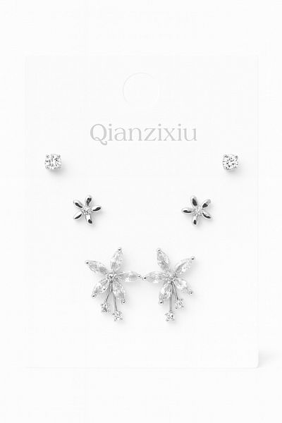 MakeWell 925S Silver Needle Flower Design Zircon Stone 3-Piece Earring Set