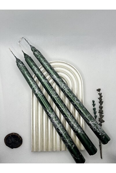 Verda Desing 🥇Dekoratif Gümüş Mermer Desenli Metalik Yeşil Şamdan Mumu 3 lü set
