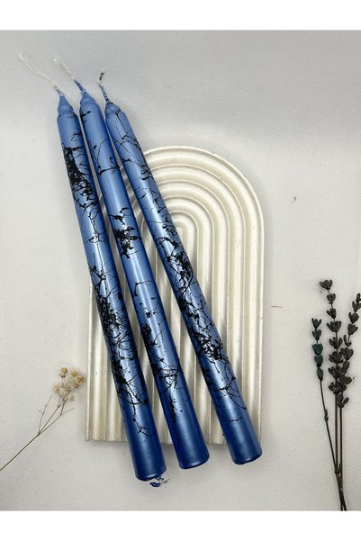 Verda Desing 🥇Dekoratif Siyah Mermer Desenli Metalik Mavi Şamdan Mumu 3 lü set
