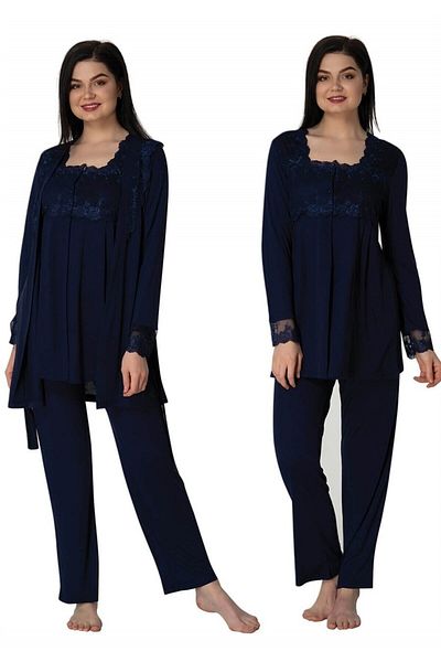 BLACKMORE Set de pijamale de maternitate pentru femei, albastru bleumarin, cu mâneci și guler, cu detaliu din dantelă, cu mâneci lungi, pentru maternitate, 3 piese