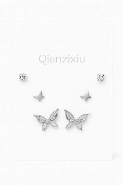 MakeWell 925S Silver Needle Butterfly Design Zircon Stone 3-Piece Earring Set