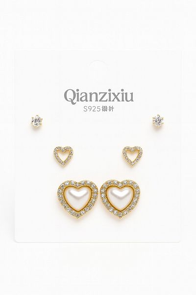 MakeWell 925S Silver Needle Heart Design Zircon Stone 3-Piece Earring Set
