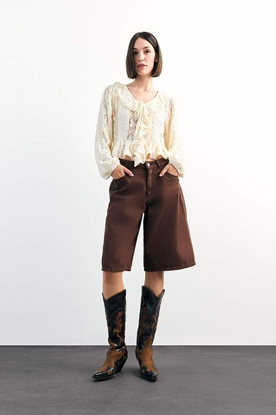 DeFacto V-Neck Front Tie Flounced Lace Blouse F9717Ax25Sm
