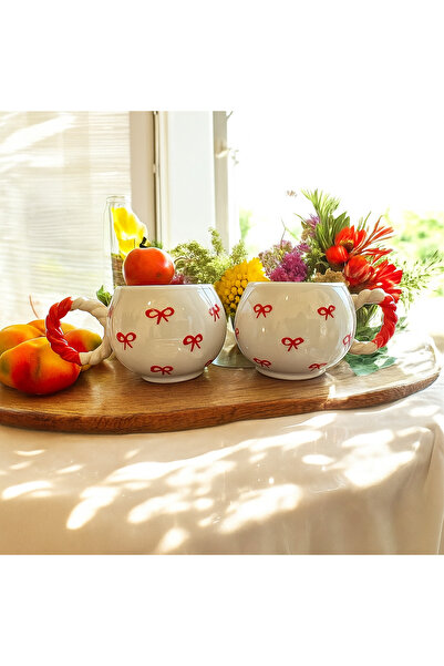 ADEN LİNA ART WORKSHOP كوب سيراميك مصنوع يدويًا منقوش بفيونكة حمراء مكون من ق...