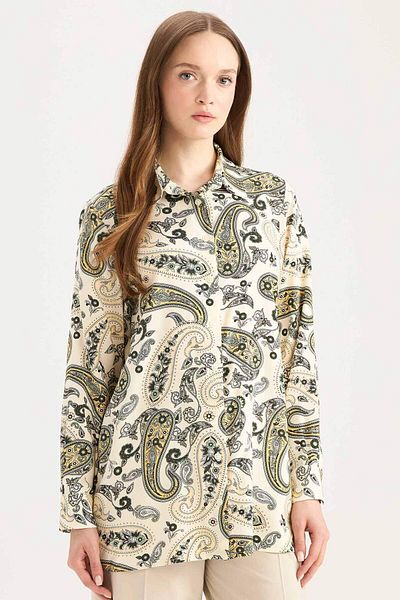 DeFacto Relax Fit Shirt Collar Patterned Viscose Long Sleeve Tunic D7348Ax25Sp