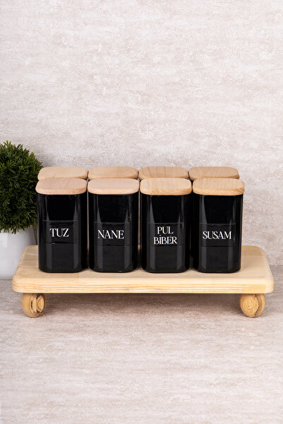 DNS HOME Set of 8 Spice Jars with Vacuum Lid, Wooden Stand, Black Acrylic Storage Container, Label Gift, 300 ml