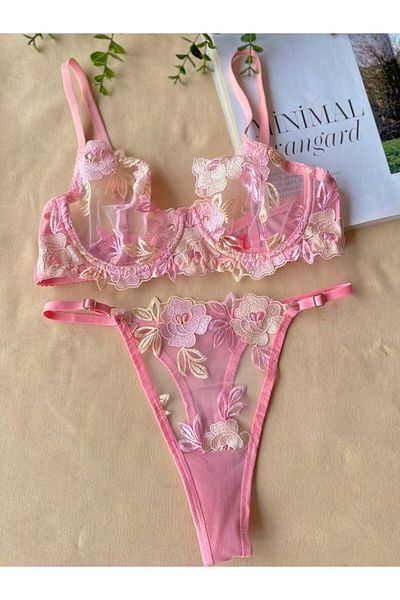 RUYAZ TEKSTİL Pink Lace Floral Embroidered See-Through Bra Panty Set Underwear Set (Bra&Tanga)