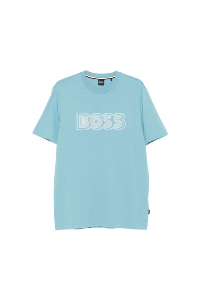 BOSS Erkek Yazı Detay Bisiklet Yaka Kısa Kol Pamuklu Mavi T-Shirt 50543916-453