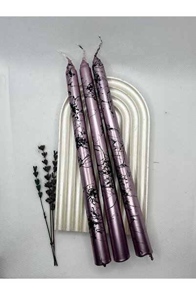 Verda Desing 🥇Dekoratif Siyah Mermer Desenli Metalik Pembe Şamdan Mumu 3 lü set