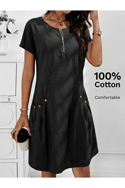 ALPACO Women's Short Sleeve Open Collar Zippered Pocket Detailed Imported Linen Dress -Collection