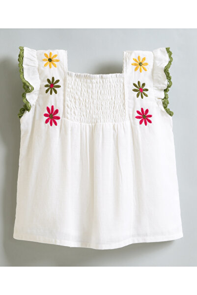 Bonfino Top With Floral Embroidery & Lace Detailing - White