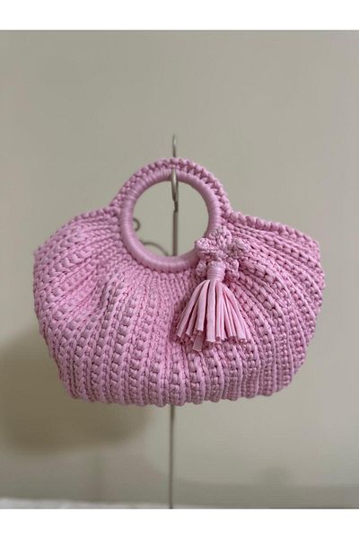 Randsac Light Pink Round Crochet Handbag – Circular Handle with Handmade Tassel
