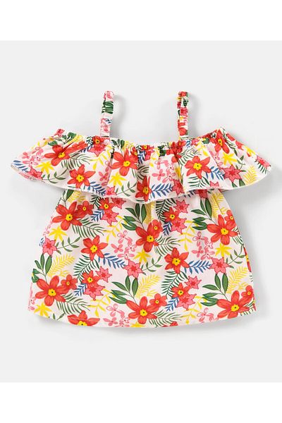 Babyhug Rayon Half Sleeves Cold Shoulder Top Floral Printed - Multicolour