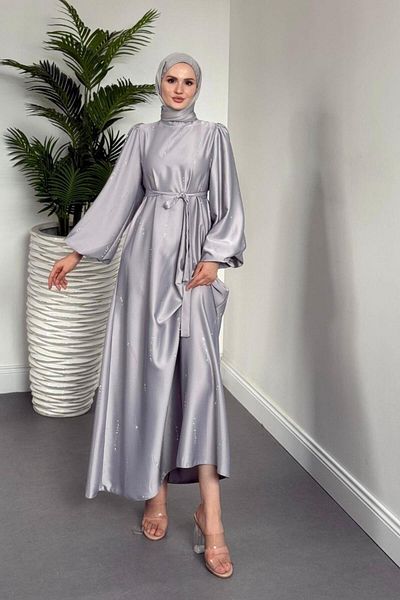 MERVEN AKYÜZ Kaitlyn Stone Evening Dress Gray