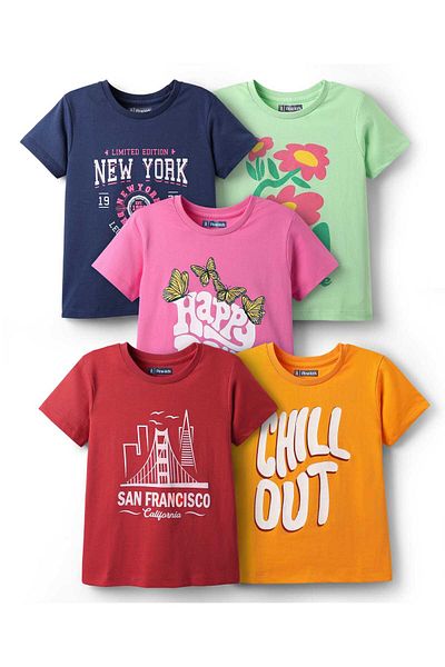 Pine kids Pine Kids Cotton Knit Half Sleeves T-Shirts with Text Print Pack of 5 - Multicolor