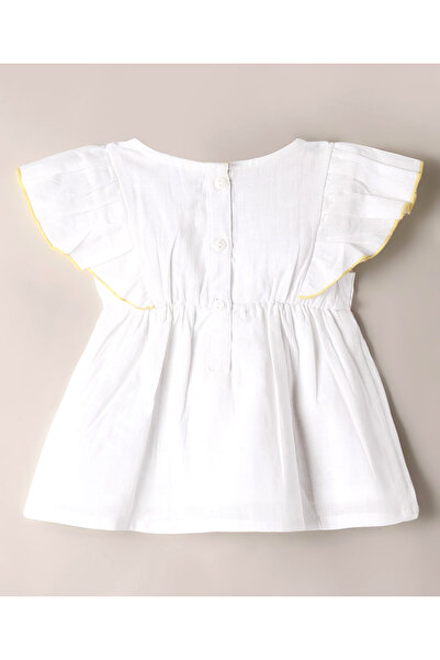 Bonfino Cotton Frill Sleeves Top With Floral Embroidery - White