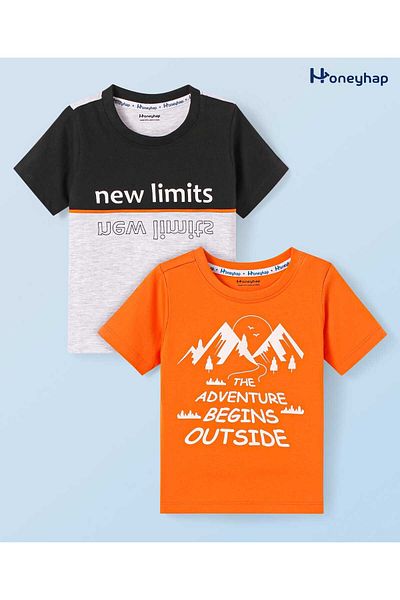 Honeyhap Premium 100% Cotton Knit Half Sleeve Text T-Shirt Pack of 2-Russet Orange and Black Beauty