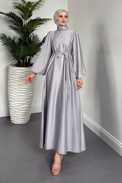 MERVEN AKYÜZ Kaitlyn Stone Evening Dress Gray
