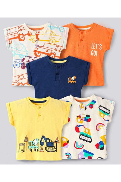 Bonfino 100% Cotton Knit Half Sleeve Henley Neck T-Shirt Vehicle Pack Of 5-White Navy Blue & Orange