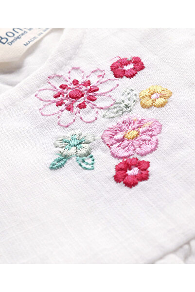 Bonfino Cotton Frill Sleeves Top With Floral Embroidery - White