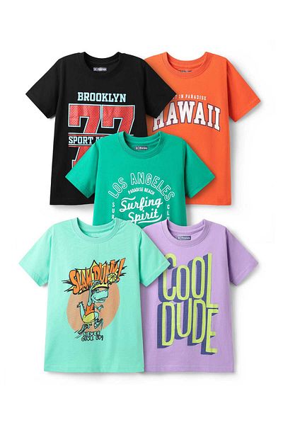Pine kids Pine Kids Cotton Knit Half Sleeves T-Shirts Cool Dude Text Print Pack of 5-Plum Orange & Light Blue