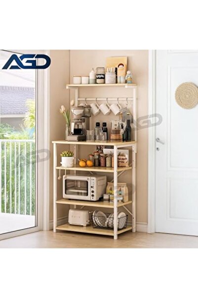 AGD Coffee Corner Cabinet, 4-Layer Shelf with 5 Hooks, Small Cabinet for Kitchen 60*36*145 cm