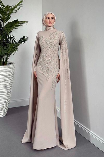 MERVEN AKYÜZ Mery Stoned Cape Evening Dress Cream
