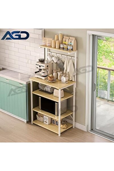 AGD Four-Layer Coffee Corner Cabinet, Small Storage Cabinet with Five Hooks, Baker's Rack for Kitchen