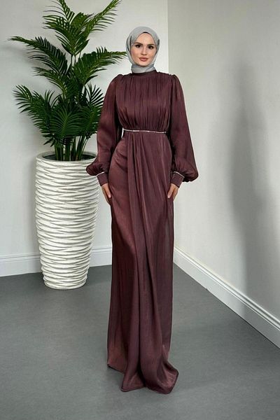 MERVEN AKYÜZ Shay Waist and Sleeve Baguette Stone Evening Dress Janjan Evening Dress Plum