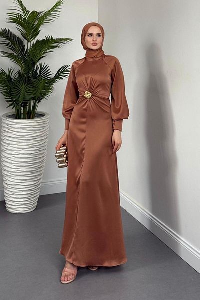 MERVEN AKYÜZ Reneta Mobile Buckle Satin Evening Dress Cappucino