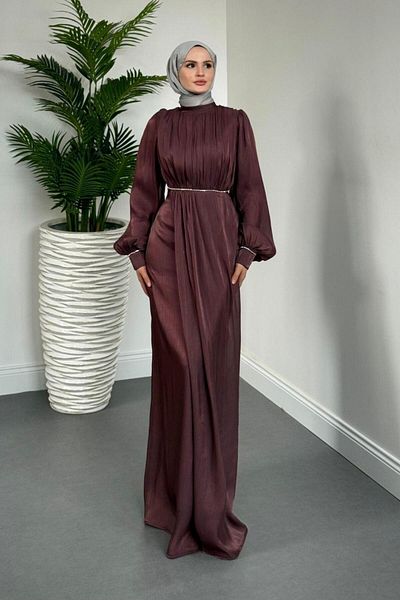 MERVEN AKYÜZ Shay Waist and Sleeve Baguette Stone Evening Dress Janjan Evening Dress Plum
