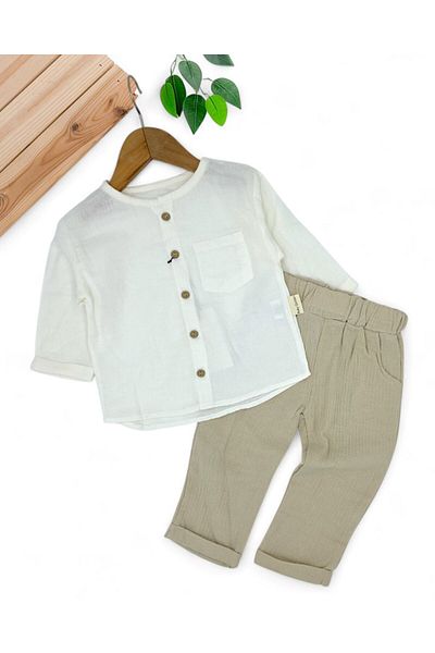 VOY KİDS Baby Boy Stylish 2-3-4-5-6 Years Old 100% Organic Cotton Children's Set with Muslin Shirt and Trousers