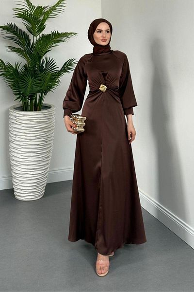 MERVEN AKYÜZ Reneta Mobile Buckle Satin Evening Dress Brown
