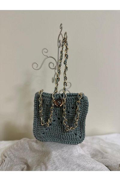 Randsac Sage Green Crochet Shoulder Bag – Gold Chain Strap with Button Closure