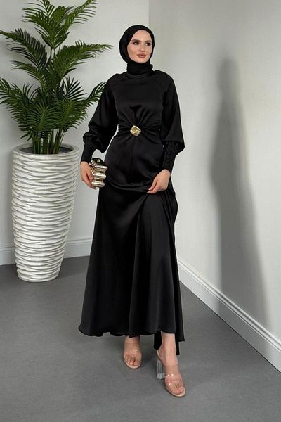 MERVEN AKYÜZ Reneta Mobile Buckle Satin Evening Dress Black