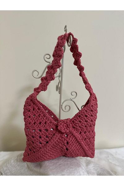 Randsac Dark Rose Origami-Style Crochet Shoulder Bag – Handmade with Textured Strap