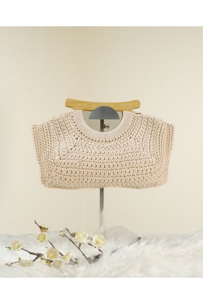 Randsac Beige Bag with Wooden Handle D Shape