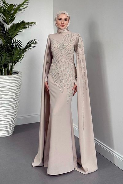MERVEN AKYÜZ Mery Stoned Cape Evening Dress Cream