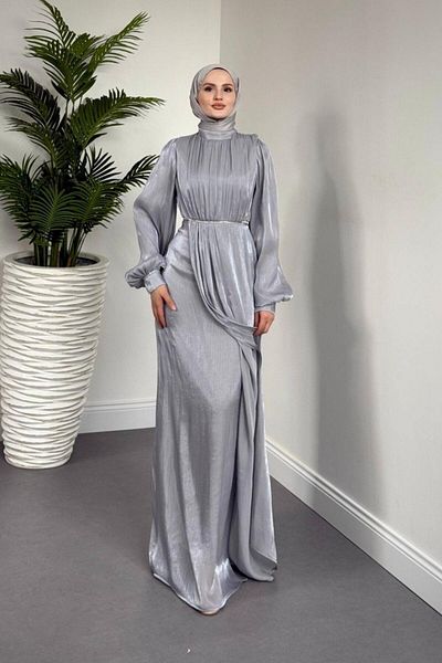 MERVEN AKYÜZ Shay Waist and Sleeve Baguette Stone Evening Dress Janjan Evening Dress Gray